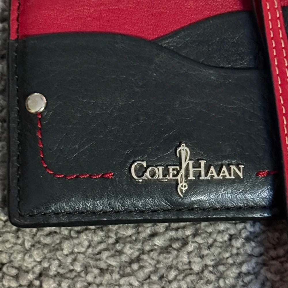 Cole Haan Black/Red Wristlet Card Keeper Zip Wallet. Silver Hardware. 4”x3”x.5” - Picture 3 of 11